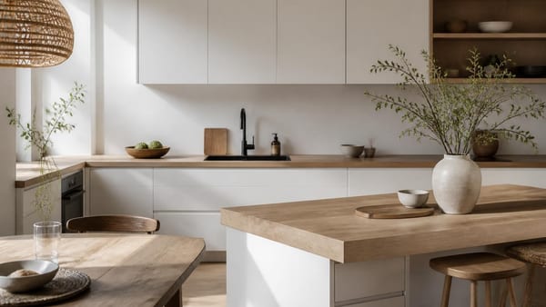 Biała kuchnia z drewnem. 5 projektów polskich architektów, które zachwycają