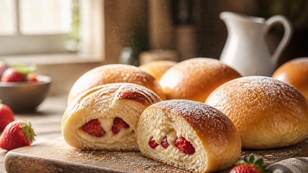 Drożdżowe bułeczki z budyniem i truskawkami